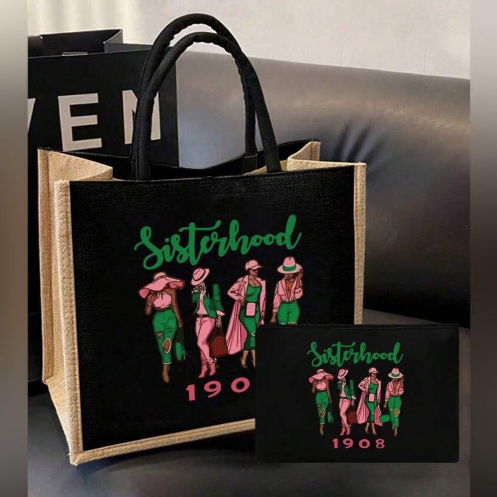 🩷💚Canvas “Sisterhood 1908” Tote Bag 4 Ladies Dressed in Pink & Green + Cos bag
